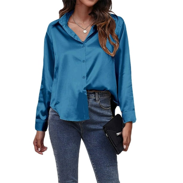 Boiiwant Women's Silk Like Satin Button Down Formal Shirts Long Sleeve  Casual Office Work Blouse Tops 