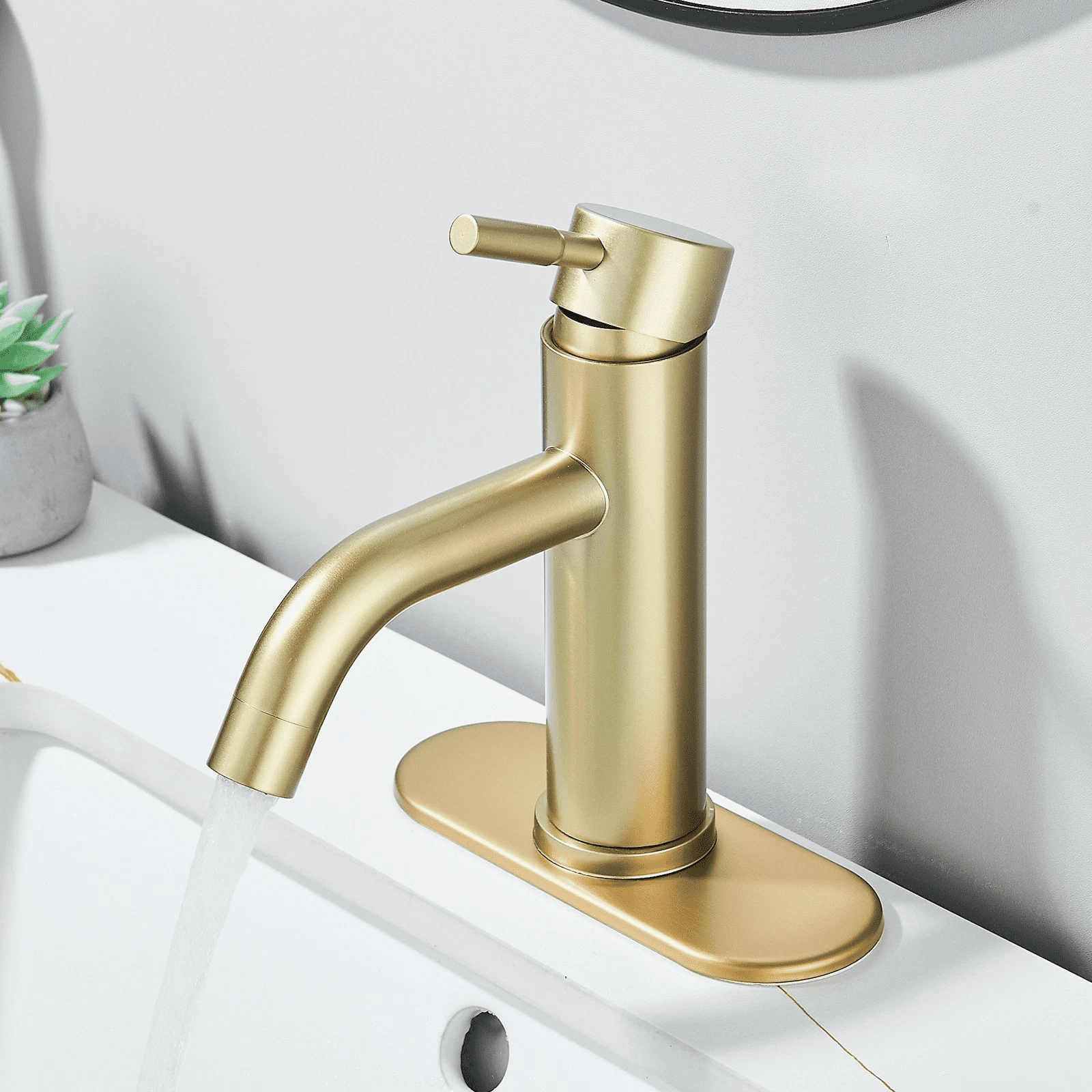 Zovajonia Brushed Gold Bathroom Faucet Single Handle 1 or 3 Holes Basin faucet with Pop Up Sink Drain Assembly and Water Faucet Supply Lines