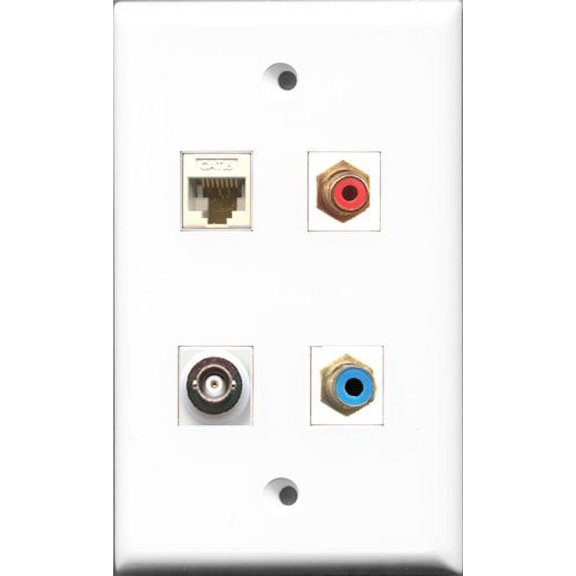 RiteAV 1 Port RCA Red and 1 Port RCA Blue and 1 Port BNC and 1 Port Cat6 Ethernet White Wall Plate