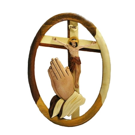 - Wood Wall Hanging Oval Praying Hands And Jesus On Cross