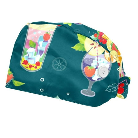 

2PCS Working Cap with Buttons and Sweatband Adjustable Tie Back Hats Bouffant Caps Summer Cocktails Scrub Turban Hat