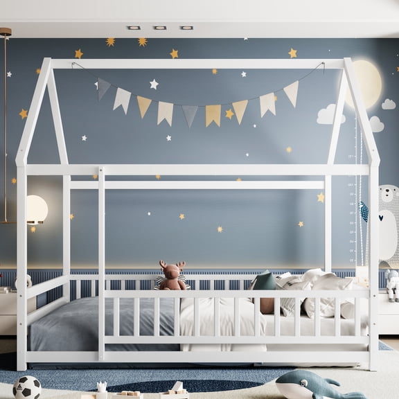 Full Size Floor Wooden Bed with House Roof Frame, Fence Guardrails,White