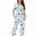 thumbnail image 2 of Viikei Floral Print Sleepwear Set Spring Casual Loungewear,Women's Round Neck Short Sleeve Sleepshirt and Pants Sets Loungewear Pajamas with Pockets Sky Blue XL, 2 of 5