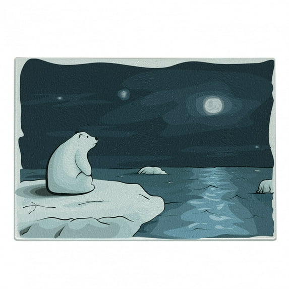 Winter Cutting Board, Cartoon Style Hand Drawn Polar Bear in the Arctic Staring at the Moon Image Print, Decorative Tempered Glass Cutting and Serving Board, Small Size, Blue White, by Ambesonne