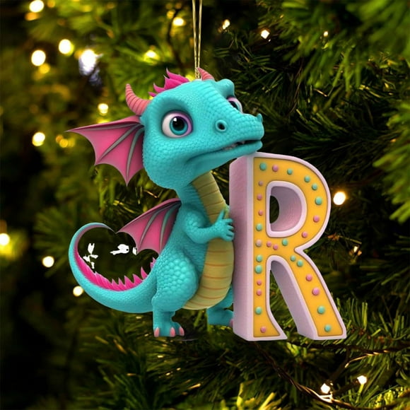 Adornos navideños, adornos navideños, regalos navideños, colgante de dinosaurio de acrílico de 26 letras para decoración de fiestas de dinosaurios, colgante de dinosaurio con suspensión.