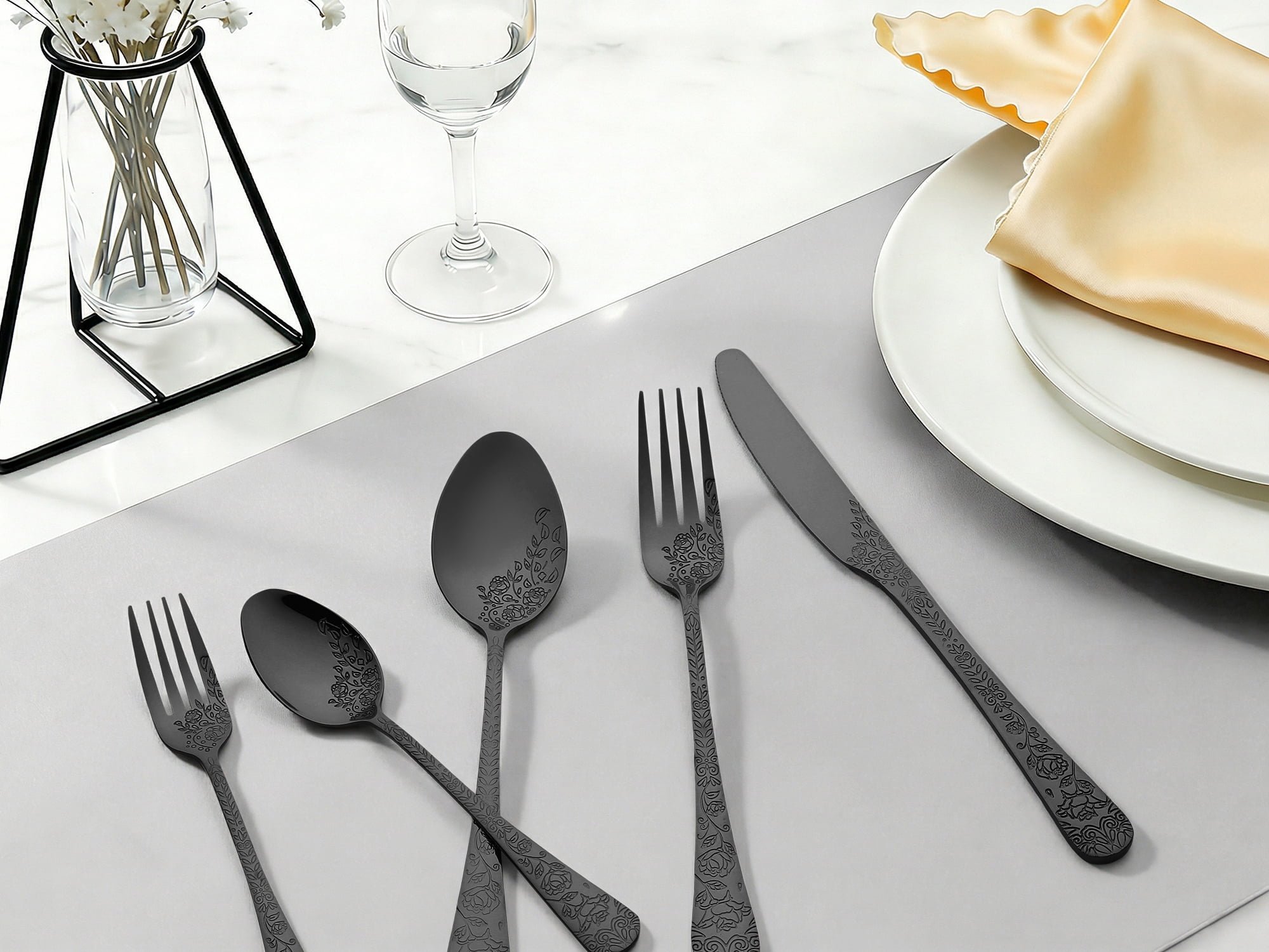 Unique Bargains 20 Pieces Stainless Steel Silverware Set for 4 Modern Cutlery Black