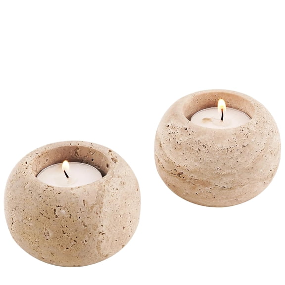 Elborse Marble Tealight Candle Holders 3 inch Travertine Votive Candles Holder for Dining Table Centerpiece Decor - Small Tea Lights Set of 2 for Gifts for her
