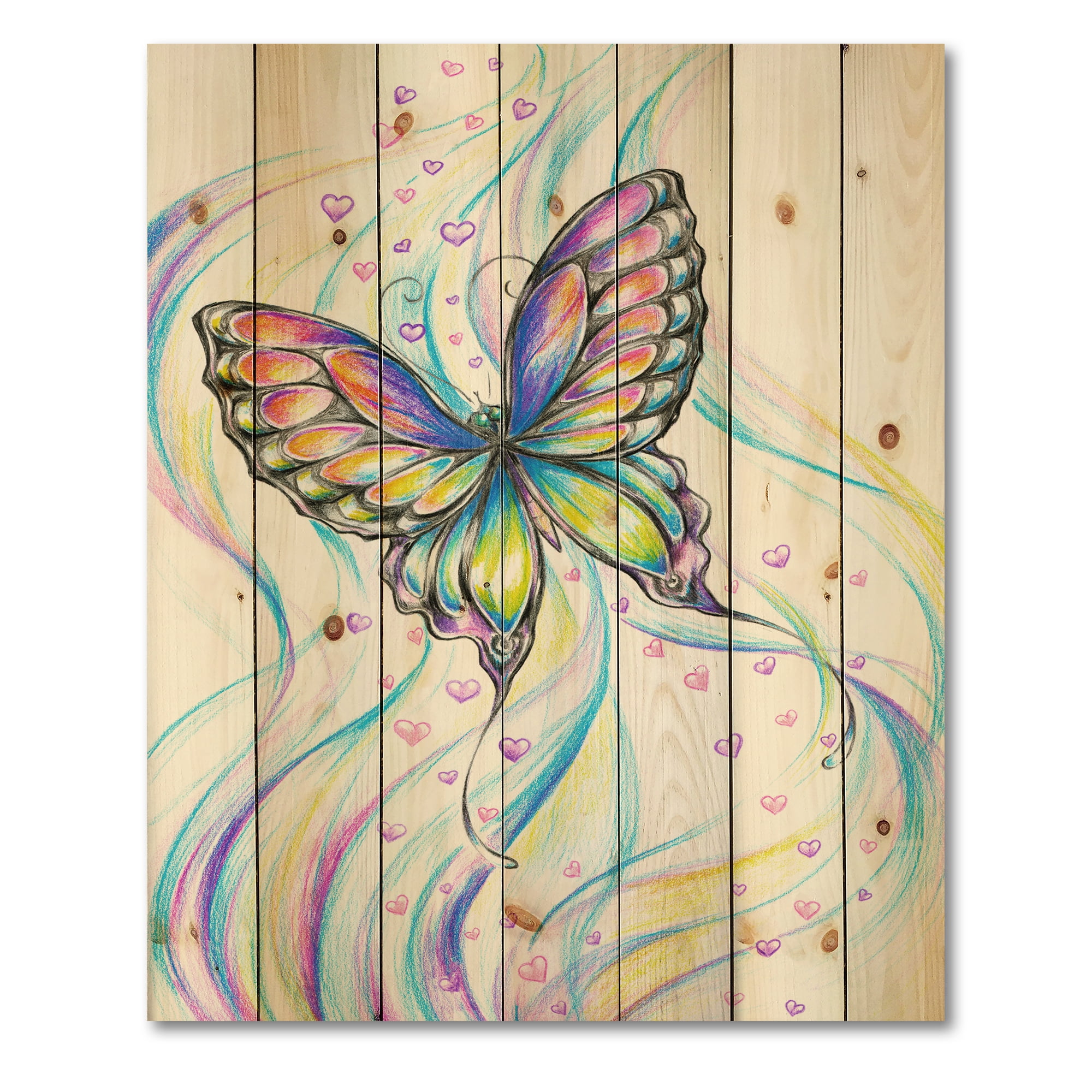 Designart 'Iridiscent Colorful Butterfly' Traditional Print on Natural Pine Wood