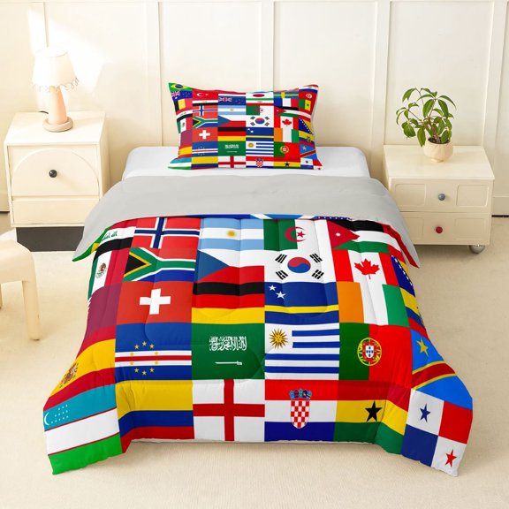 Manfei Country Flag Patchwork Twin Comforter Sets,Global Nation Bedding Set,Multicolor,Light Gray Reversible,2-Piece,1 Comforter and 1 Pillowcase