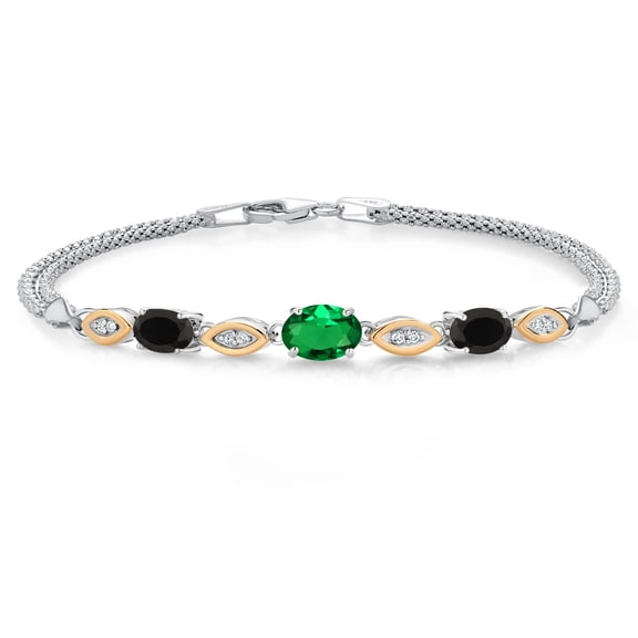 Gem Stone King 925 Silver and 10K Yellow Gold Green Nano Emerald and Black Onyx and White Lab Grown Diamond Bracelet for Women (1.46 Cttw, Gemstone May Birthstone, Oval, Wheat Chain, 6.5 inches)