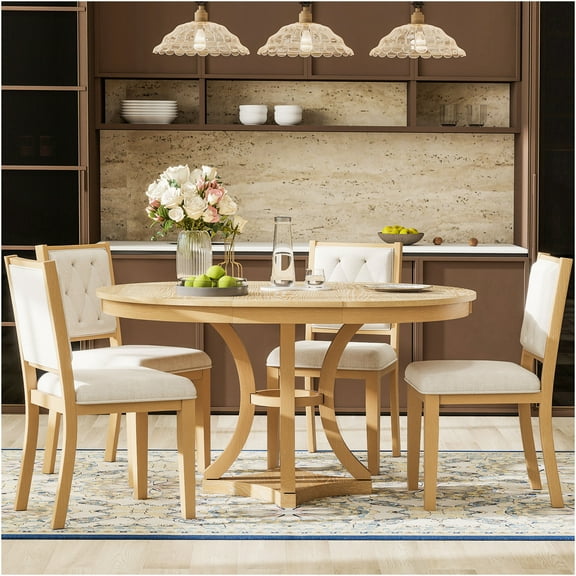 JERFIT Retro Expandable Round Dining Table Set with 4 Upholstered Chairs, Distressed Natural Finish for Kitchen and Dining Room