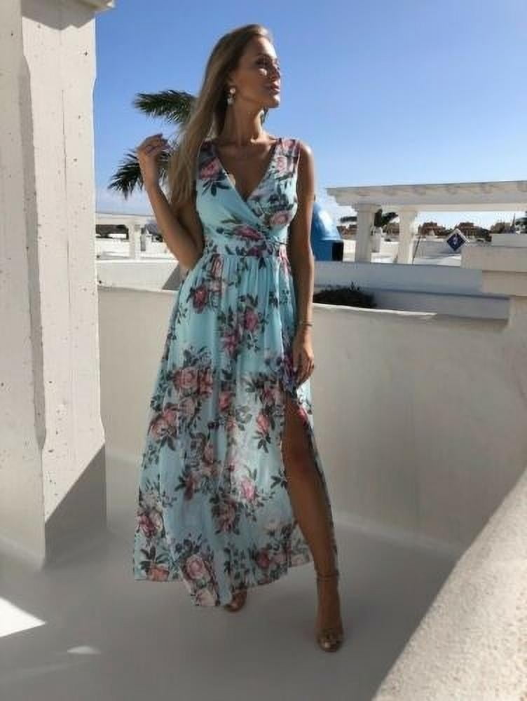 Summer Womens Boho Floral Maxi Dress Ladies V-neck Short Sleeve Beach Sundress 