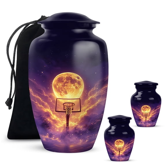 Yatskia Full Moon Basketball Purple Mini Memorial Keepsake Urns for Human Ashes Adult, Decorative Large Cremation Urn for Adult Ashes, (Classic 10 Inch and 3 Inch)