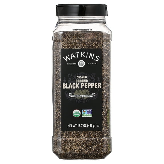 Watkins Gourmet Organic Spice Jar, Ground Black Pepper, 15.7 oz (Shelf-Stable, Ground, Fish Free)
