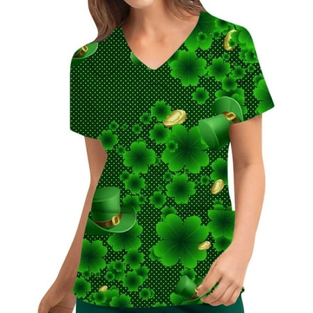 

Zeceouar Scrubs Tops For Women Designs Plus Size Scrub Shirts V-Neck St. Patrick Printing Short Sleeve Nursing Working Uniform Tops With Pocket