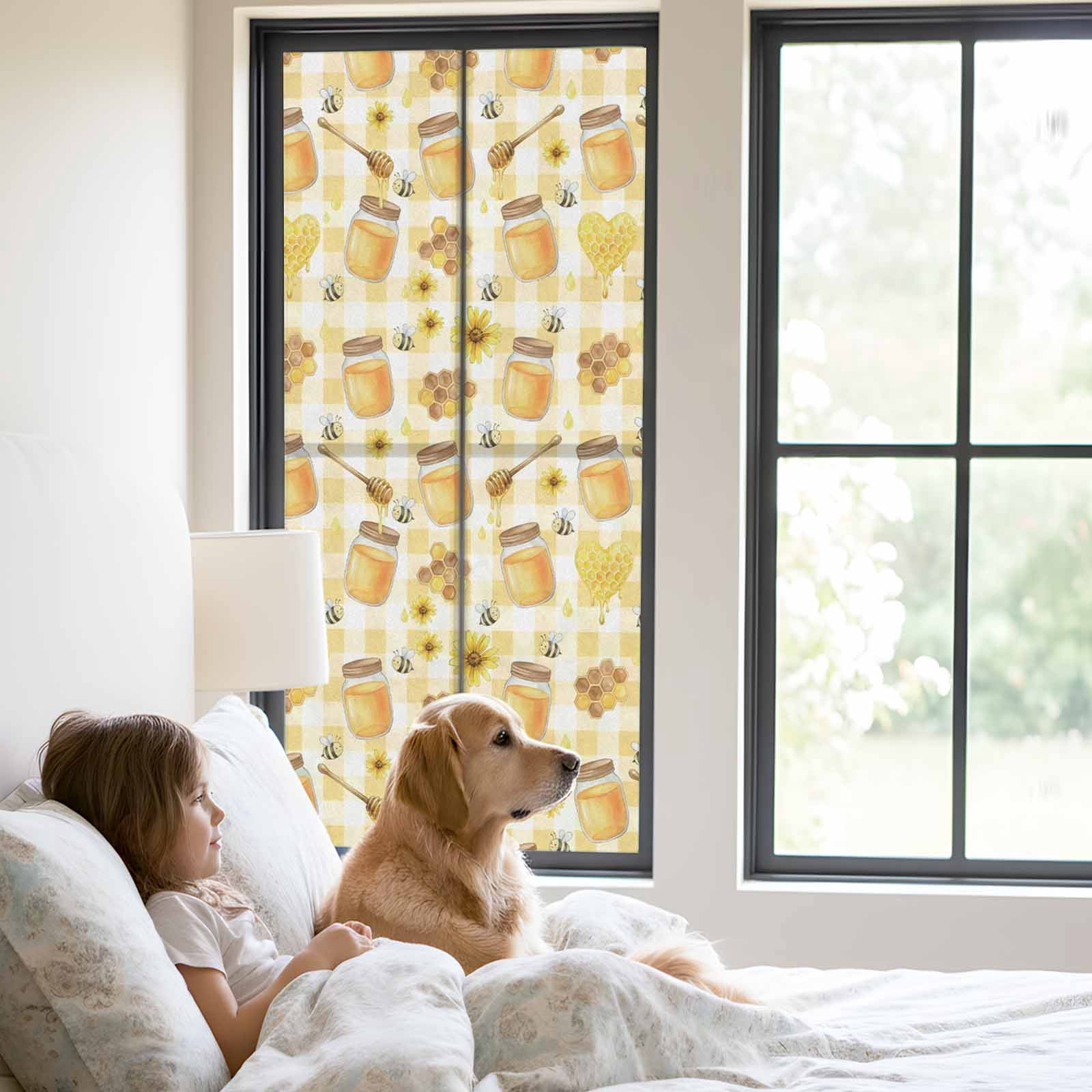 Honey and Honeycomb Window Privacy Film, Yellow Theme Bee Sunflower Buffalo Plaid Frosted Glass Window Clings Static Cling UV Heat Blocking Reusable Door Sticker for Bathroom 23.6 x 59 Inch