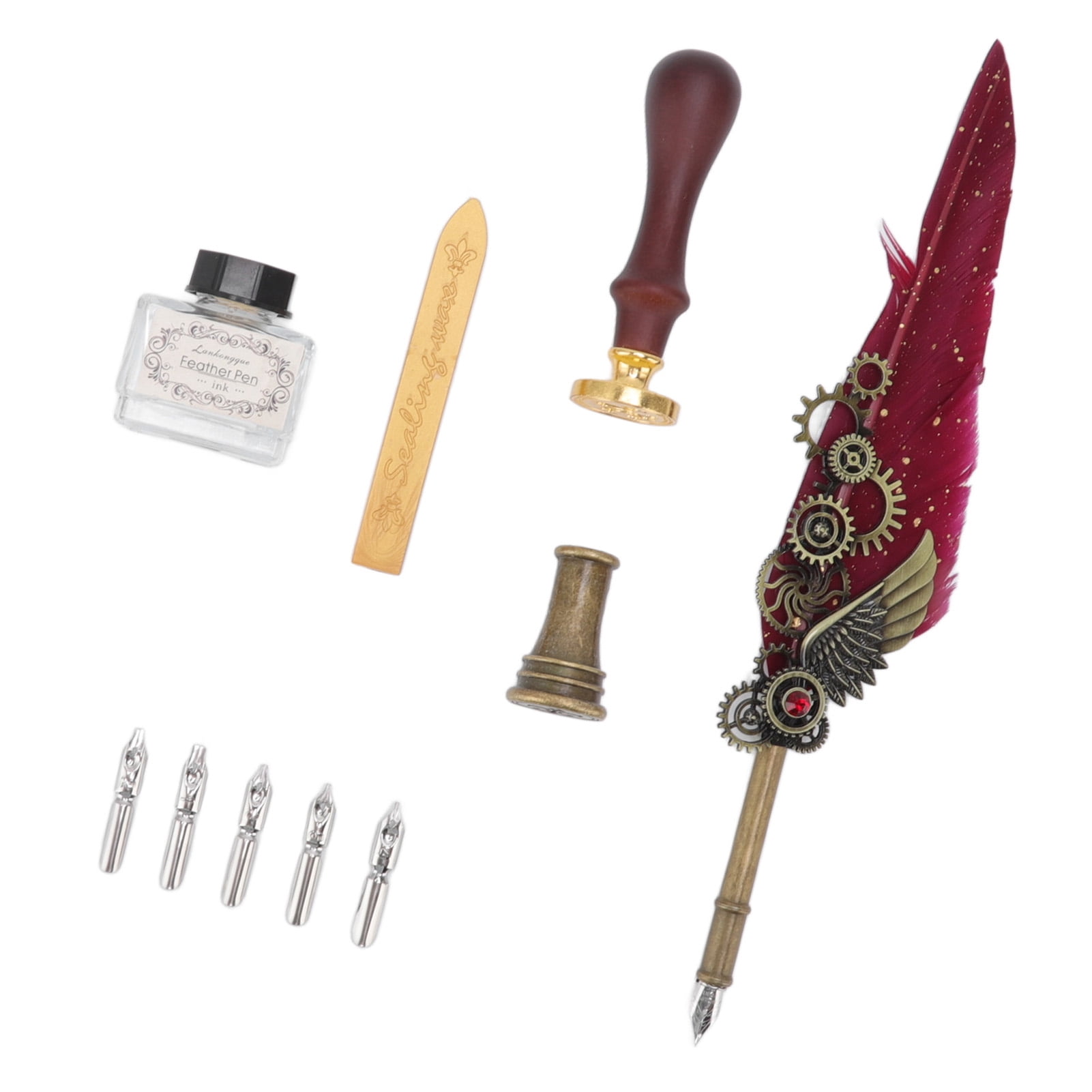 Nieyigj Vintage Mechanical Feather Quill Dip Pen Set with Brass Base, Wax Seal Stamp, and 5 Replacement Nibs - Elegant Wine Red Calligraphy Writing Kit for Artists and Beginners