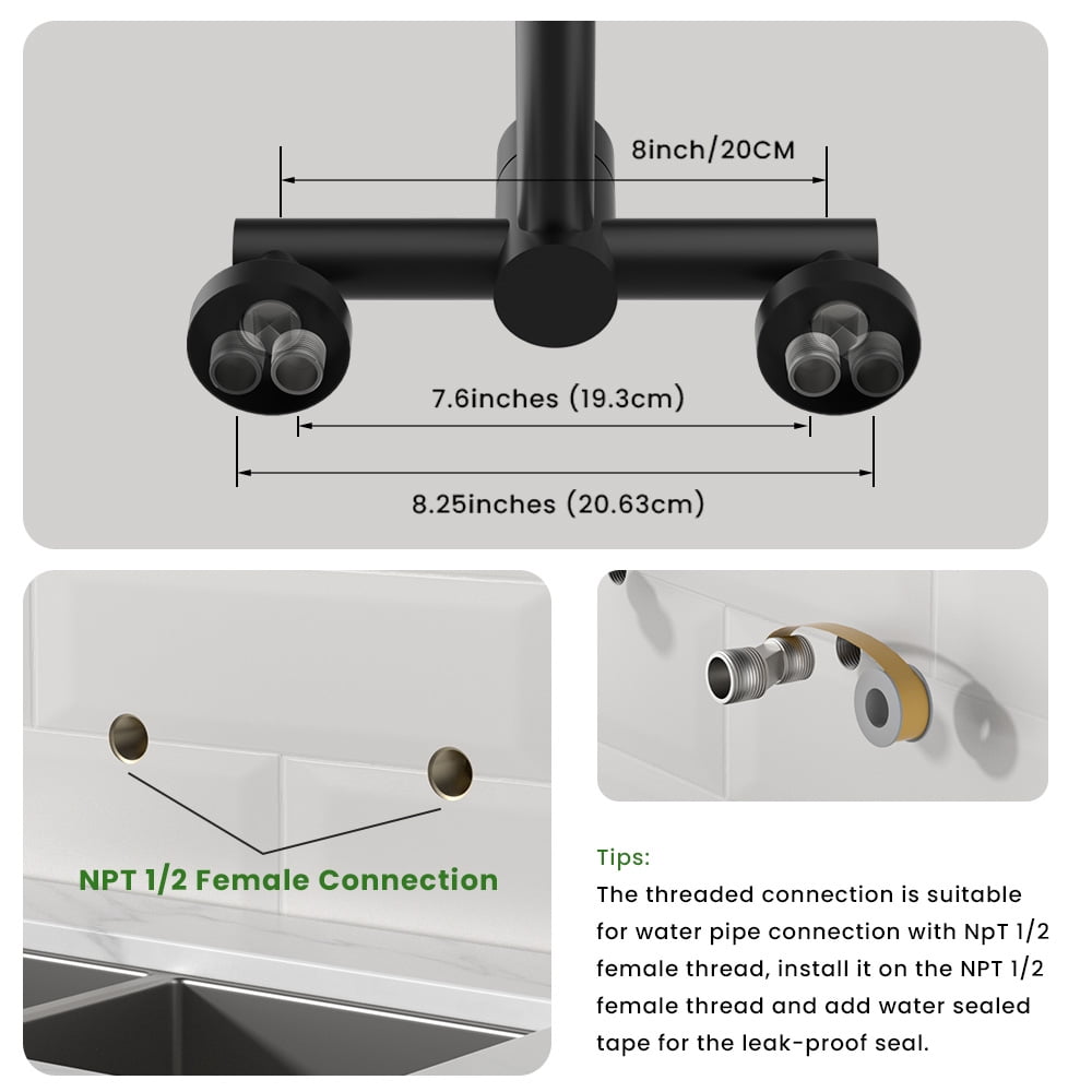 Wall Mount Kitchen Faucet Single Handles, 8 Inch Center Wall Commercial Utility Sink Faucet with Pull Out Sprayer 2 Modes, Stainless Steel, Matte Black