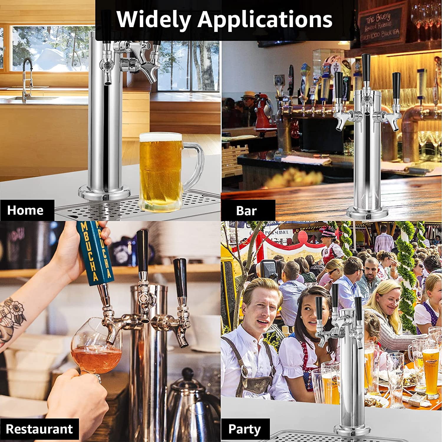 3 Tap Kegerator Tower Beer Dispenser with Stainless  Faucets and Pre-Installed Lines for Homebrew