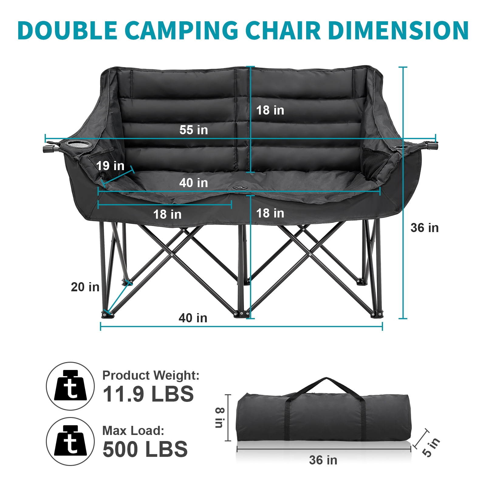ABORON Oversized Double Camping Chair, Folding 2 Person Camping Chair Loveseat, Fully Padded Duo Chair Camping Couch, Portable Double Camp Chair, Lawn Chairs, Camping Bench with Carrying Bag