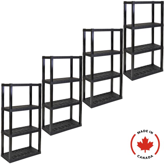 Étagères de garage en plastique ultra-résistant à 4 niveaux (H 142 cm x P 35 cm x L 76 cm), paquet de 4, noir, capacité totale de 181 kg.