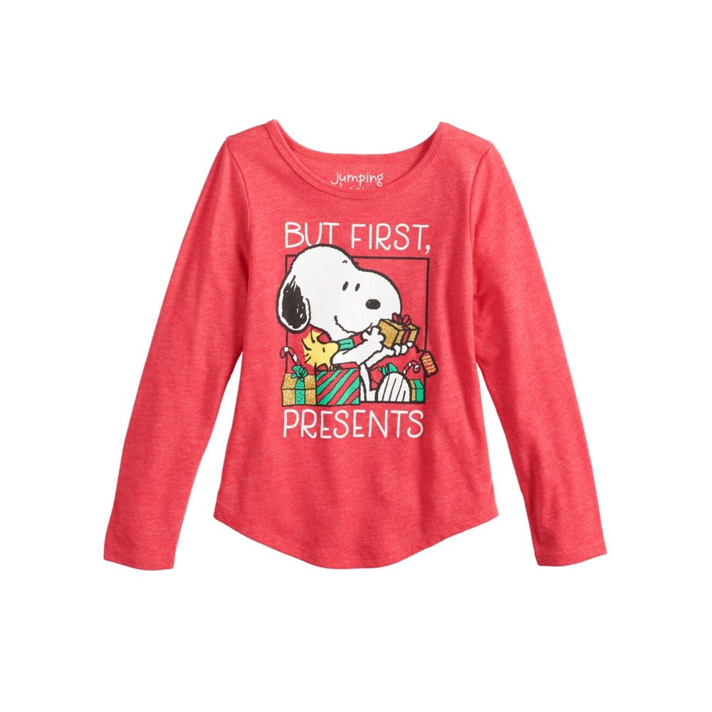 Peanuts Girls Red Snoopy But First Presents Long Sleeve Christmas T ...