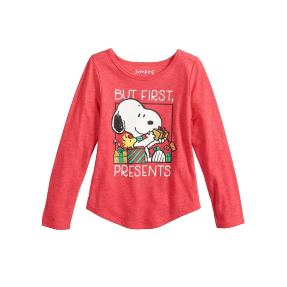 Peanuts Girls Red Snoopy But First Presents Long Sleeve Christmas T-Shirt 6