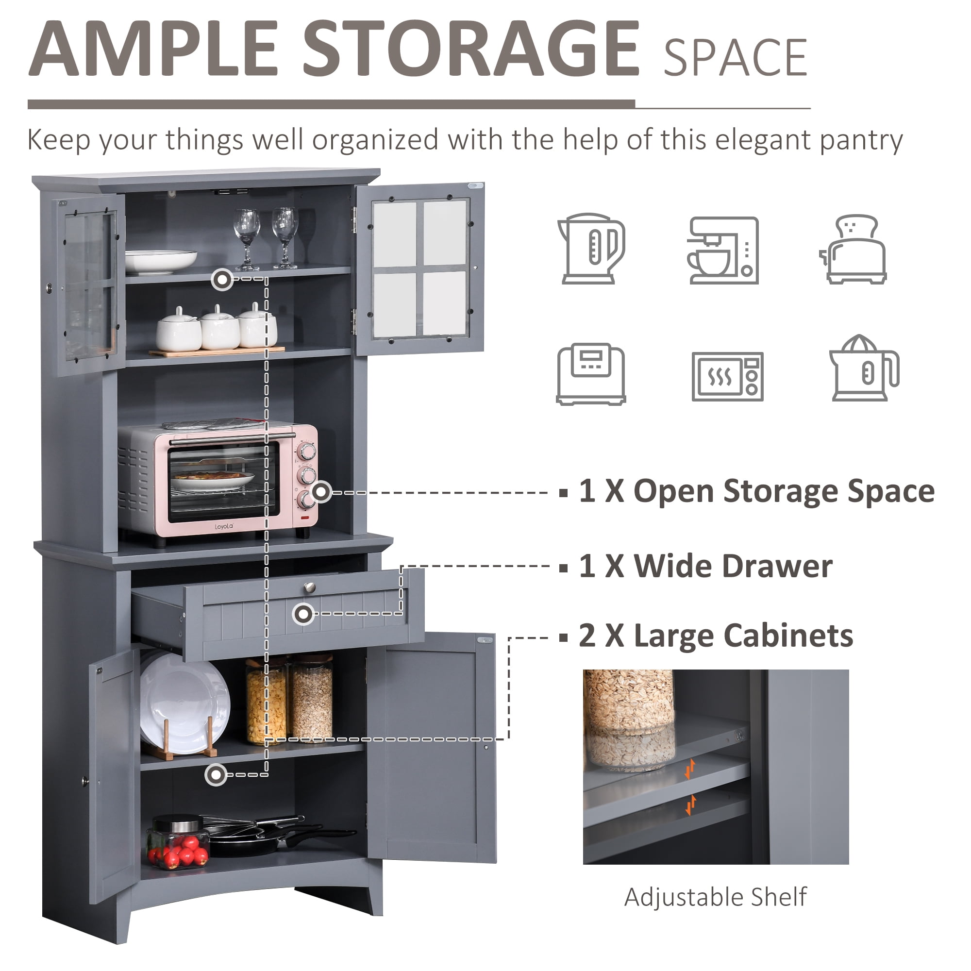 HOMCOM Elegant Buffet with Hutch, Kitchen Pantry Storage Cabinet with Framed Glass Door Drawer and Microwave Space, Grey