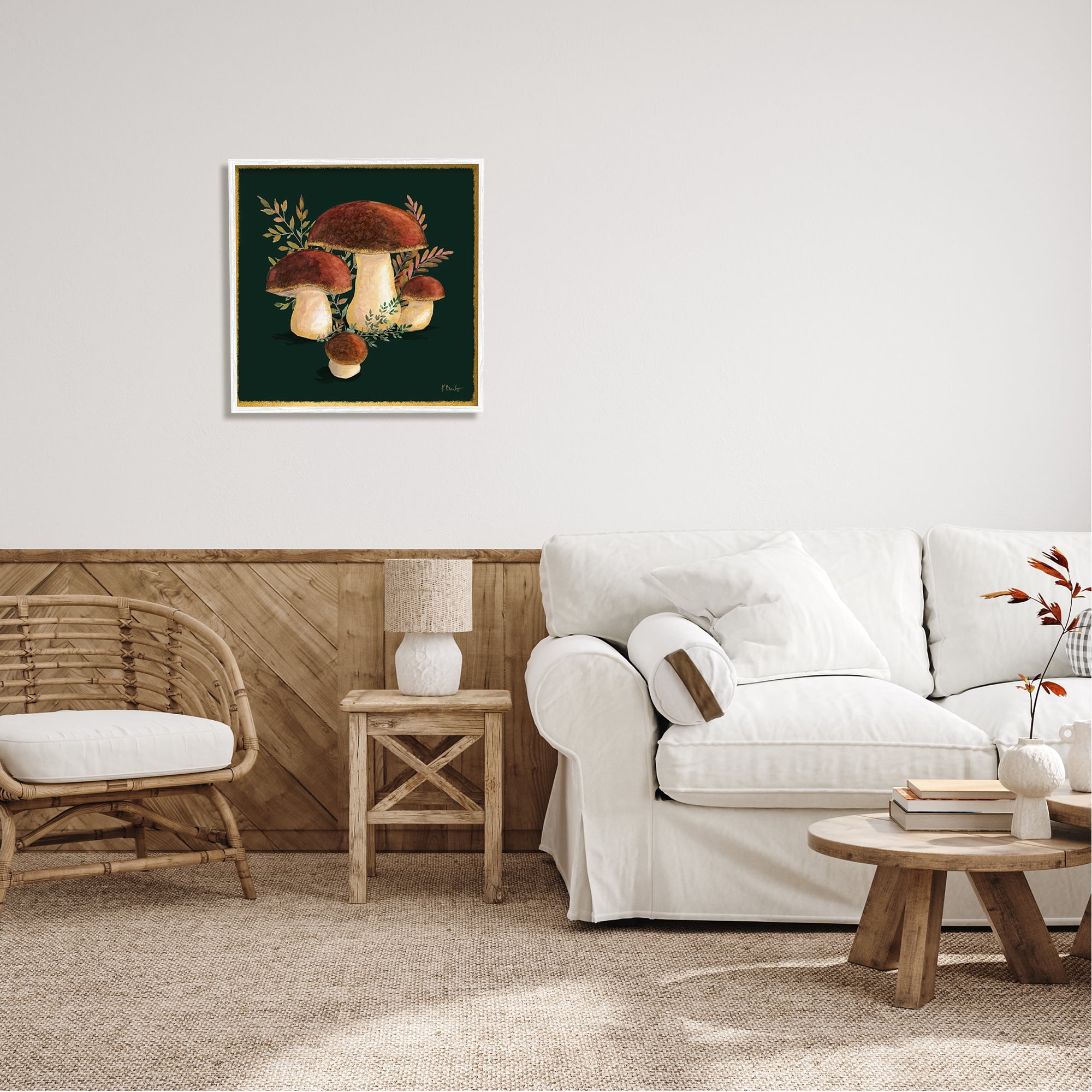 Stupell Industries Mushrooms on Black Botanical & Floral Painting White Framed Art Print Wall Art, 24 x 24
