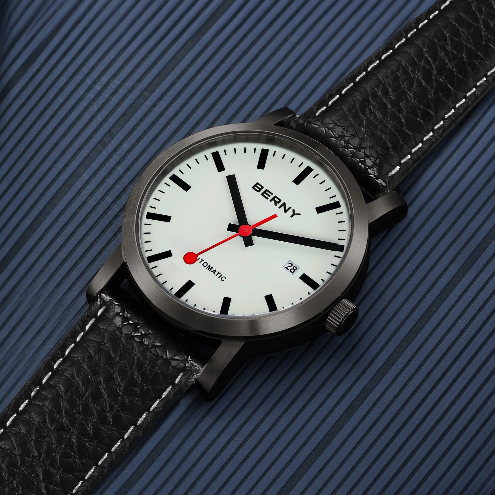 BERNY Automatic Watches for Men, Luxury Self Winding Mechanical Dress Leather Watch with Date, Sapphire Crystal, Luminous, Stainless Steel, 50M Waterproof, Minimalist Mens Watches (Black)