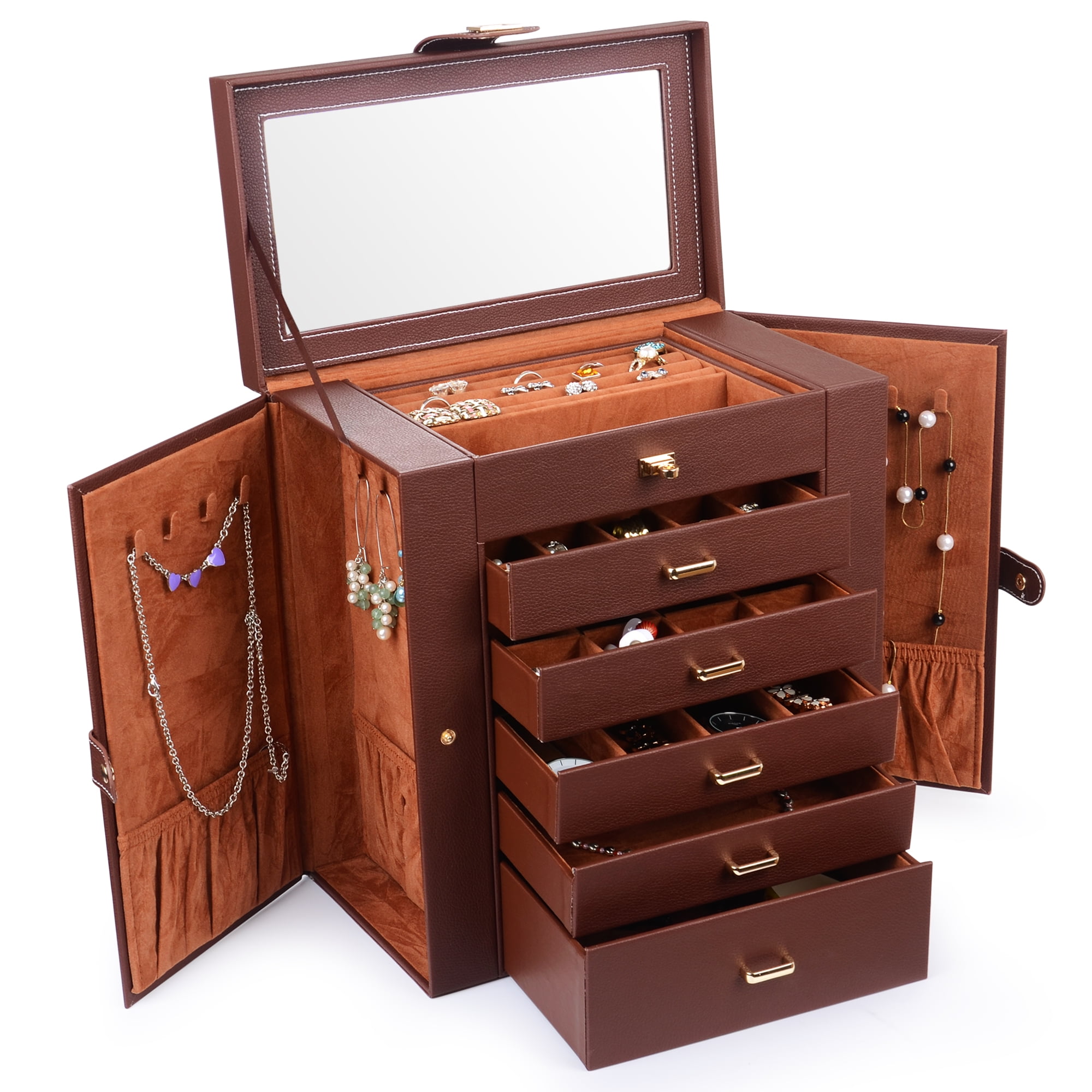 Kendal Large Black Leather Jewelry Box with Lock and Key, 5-Layer Watch Jewelry Organizer for Men with Mirror, Jewelry Storage, Jewelry Case, Bracel