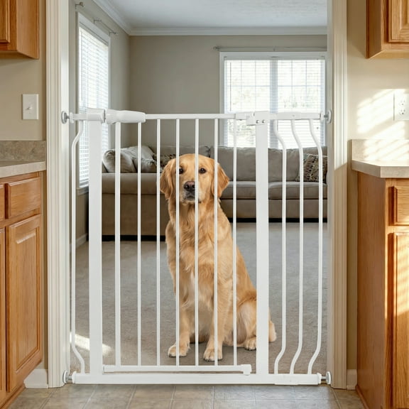 TrumanPick Easy Walk-Thru Dog Gate with Pet Door for Doorways Stairways, Extra Wide Baby Gate, 29.1"-33.8" Auto Close Safety Gate, 30" Tall Pressure Mounted Dog Gate, White