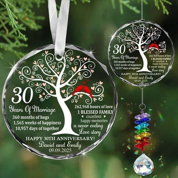 Personalized 30th Anniversary Crystal Ornament – Custom Tree of Love Glass Keepsake with Milestone Quote – Wedding Gift for Couple, Parents, Husband Wife – 2025 Suncatcher Ornament