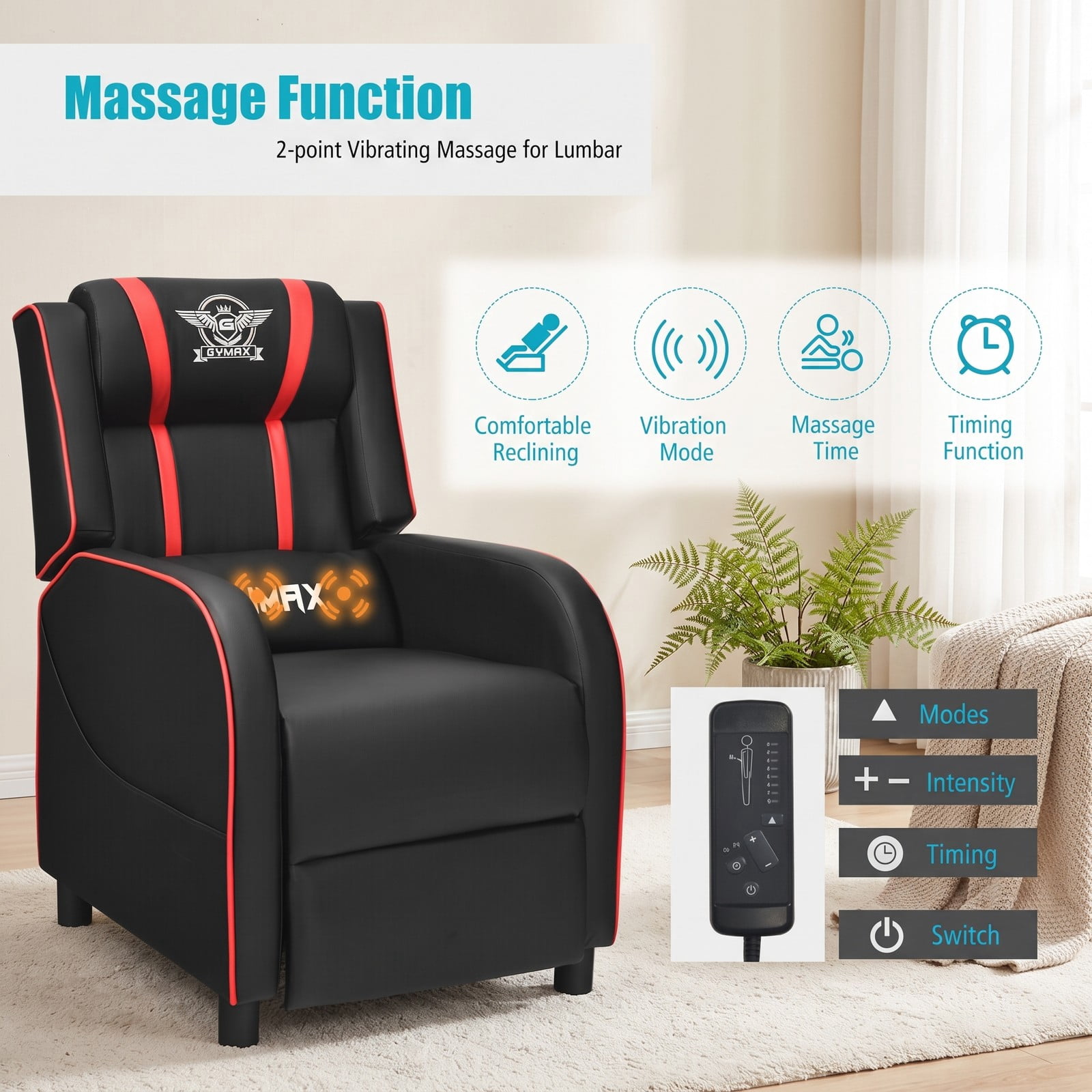 Furnibear Massage Gaming Recliner Chair, Ergonomic PU Leather Racing Style Reclining Sofa with Footrest, Lumbar Massage, Headrest Pillow and Remote for Home, Red