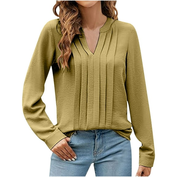 tarylea Business Casual Tops V Neck Pleated Shirts Long Sleeve Solid Color Blouse Trendy Loose Dressy Fall Office Shirts