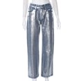thumbnail image 1 of Pantalones vaqueros rectos casuales ajustados con bolsillos con cremallera y color bronce de color sólido de otoño para mujer de Europa y América, 1 of 6