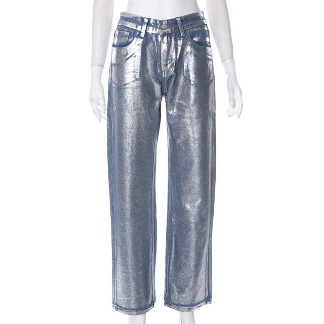 Pantalones vaqueros rectos casuales ajustados con bolsillos con cremallera y color bronce de color sólido de otoño para mujer de Europa y América