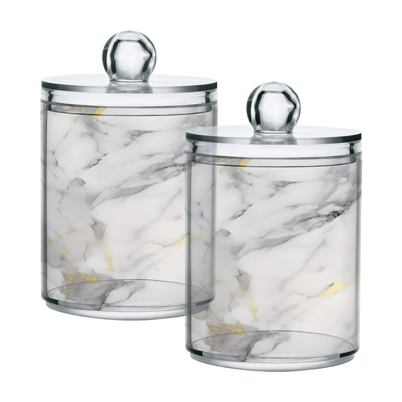 2 Pack Qtip Holder Dispenser Grey White Marble Clear Plastic Storage Apothecary Jars for Cotton Swabs Balls Pads Floss