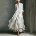 thumbnail image 2 of Elegant Flowy Linen Maxi Dresses for Women Summer Stand Collar Loose V Neck Ruffle Swing Wedding Guest Dress, 2 of 5