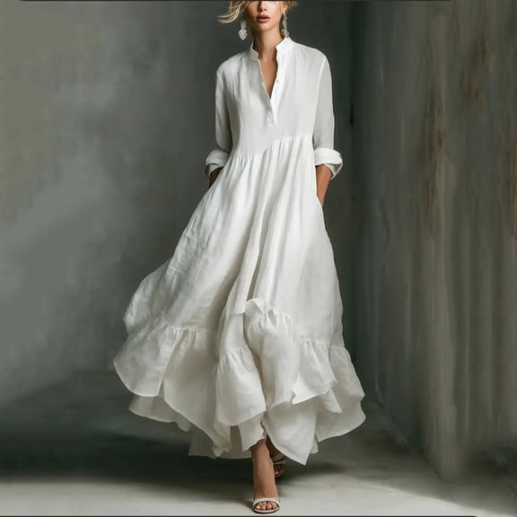 SAKMAL Casual Dresses for Women Long Tiered Flowy Maxi Cotton Linen Ruffle Hem Everyday Long Sleeve Young Womens A-Line Dress V-Neck,White,L