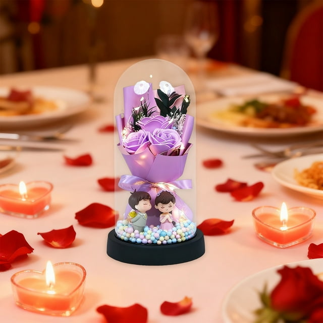 Mini ramo de rosas y flores de jabón de flores eternas secas en caja de regalo con tapa de cristal. Regalo de cumpleaños para novia.