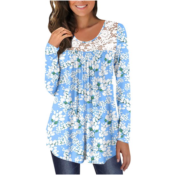 Tops de Mujer Blusa Casual Elegante Camisas de Manga Larga Otoño Túnica Estampada Suelta Panel de Encaje Plisado Odeerbi ODB170962