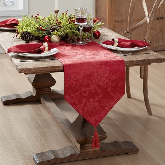 Elrene Home Fashions Poinsettia Elegance Jacquard Holiday Table Runner, Red, 13" x 70"