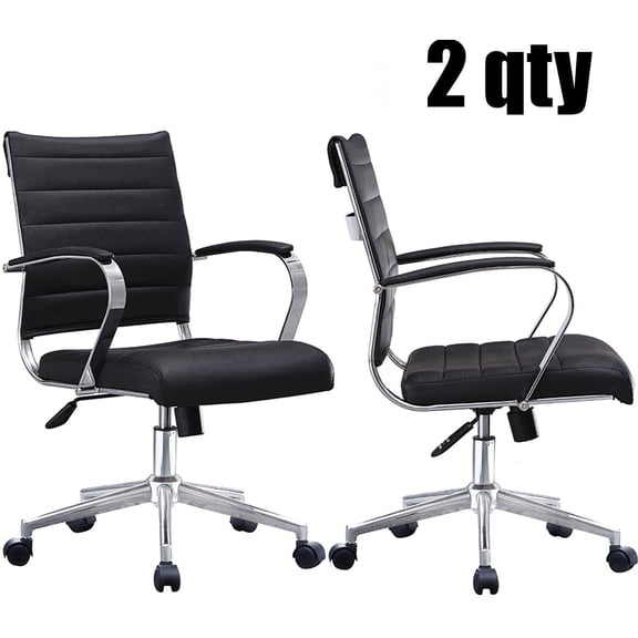 2xhome Set of Two - Black- Modern Mid Back Ribbed PU Leather Swivel Tilt Adjustable Chair Designer Boss Executive Management Manager Office Conference Room Work Task Computer …