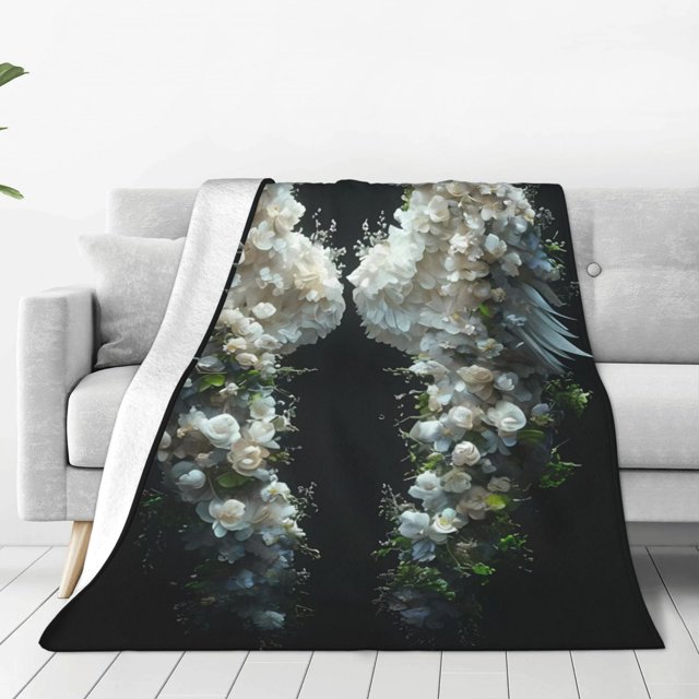 Fotbe Floral Angelic White Wings Manta de Franela Acolchonada con Estampado, Súper Suave y Esponjosa, Extra Grande para Sofá, Cama, Uso Todo el Año-60"x50"