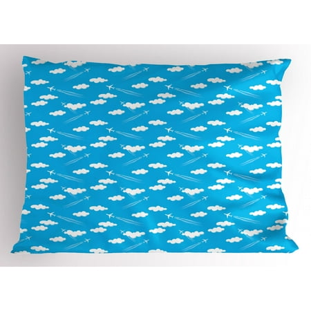 Nursery Airplane Pillow Sham Simple Clear Blue Sky With White Clouds Nursery Airplane Pillow Sham Simple Clear Blue Sky With White Clouds Flying Planes And Traces