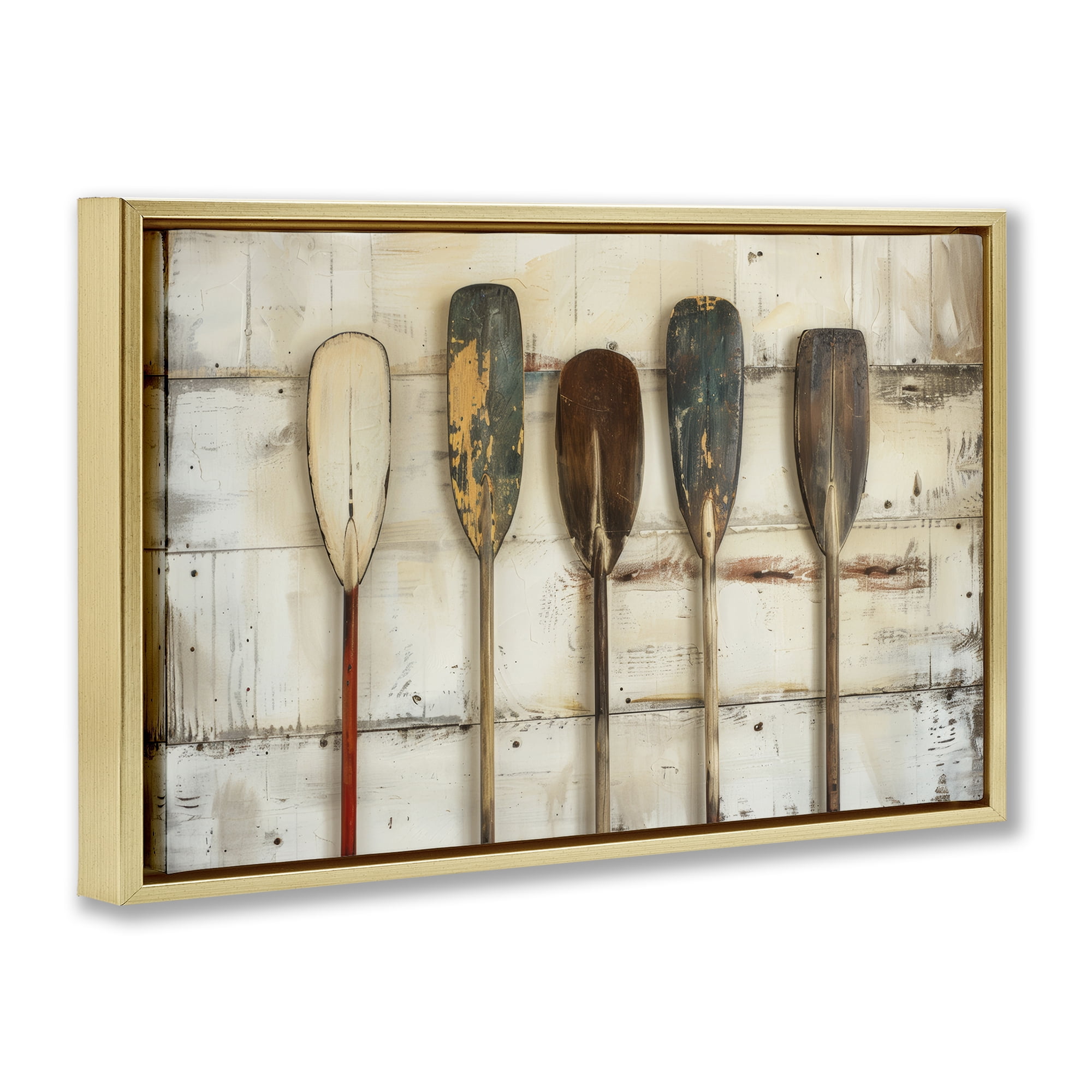 Stupell Industries Rustic Oar Lineup Nautical & Beach Painting Gold Floater Framed Canvas Art Print Wall Art, 25 x 17
