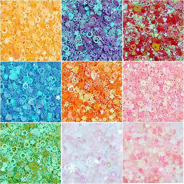 Lentejuelas de plástico para manualidades, 90 g, 9 colores, cuentas crujientes para bingsu, lentejuelas holográficas brillantes e iridiscentes.