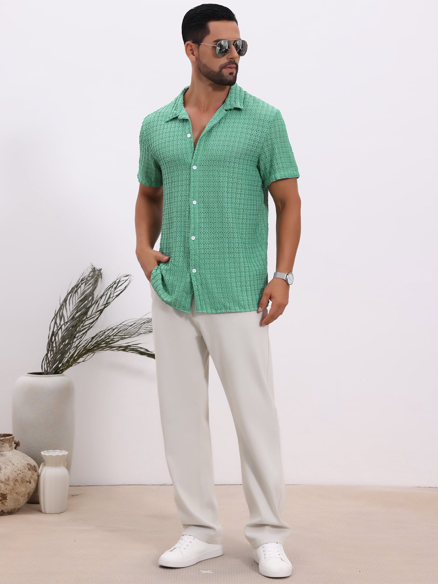 DARING DIVA Men's Casual Knitted Hollow Out Short Sleeve Shirt M Green