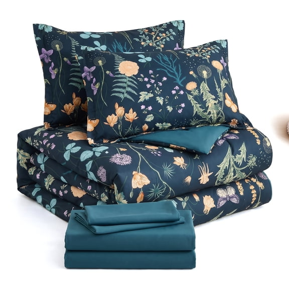 7‑Piece Queen Size Bed in a Bag, Peacock Blue Floral Comforter Set with Sheets, Lightweight Botanical Bedding for All Season Use
